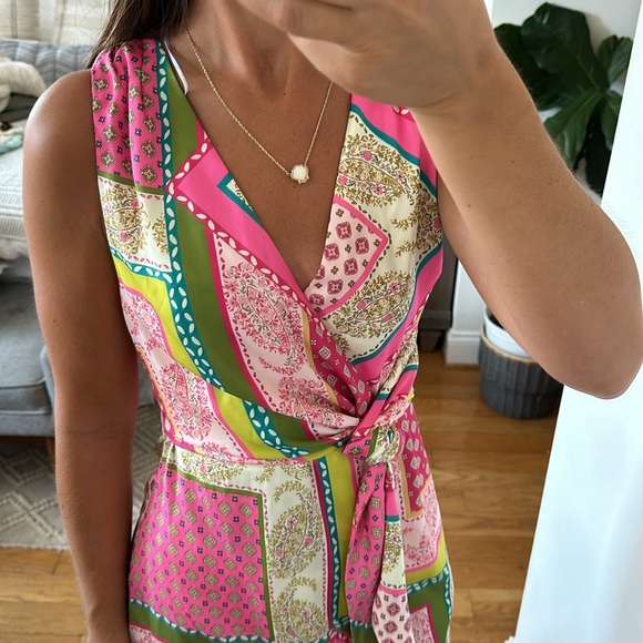 ZARA PATCHWORK PRINT DRESS MINI XS PINK GREEN PATTERNED SILK EFFECT 3253/221 - Picture 12 of 13